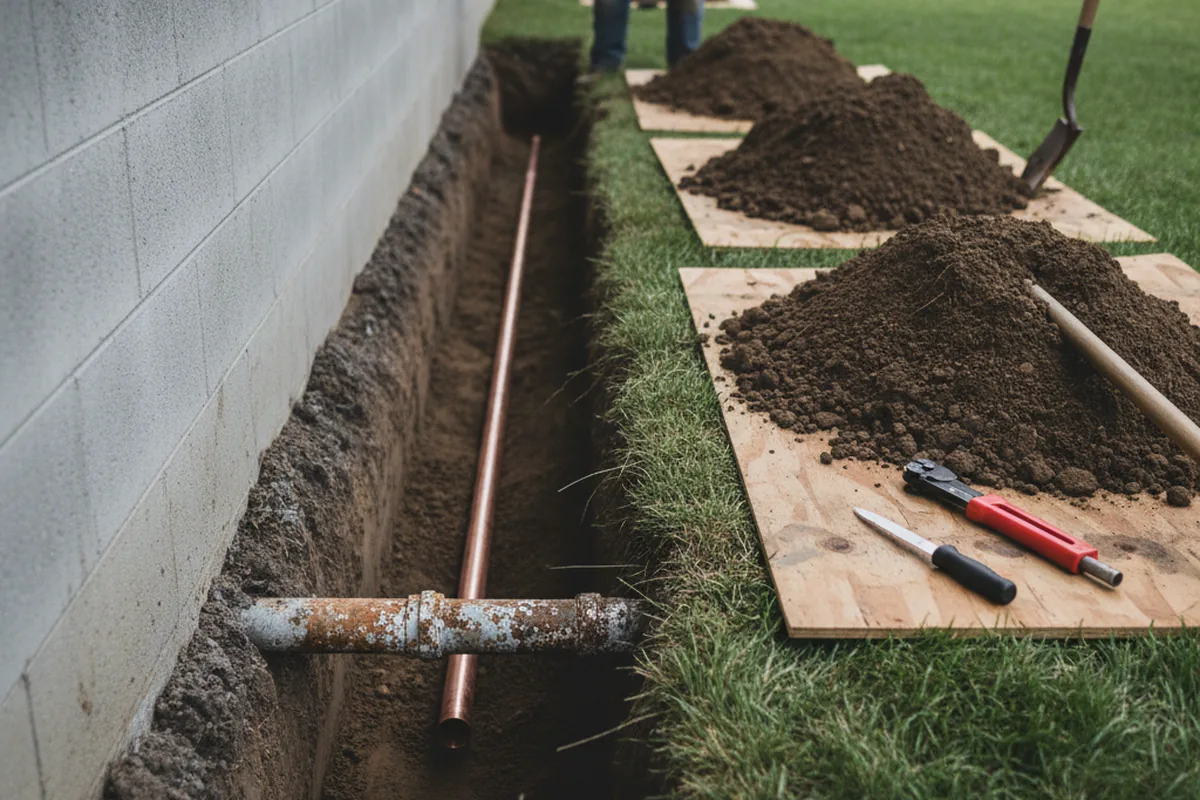 Excavated water line trench during Water Heater Repair in Falmouth